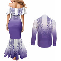 Philippines Barong Style Couples Matching Mermaid Dress and Long Sleeve Button Shirt with Polynesian Art and Leaf Motif Purple Color LT03 - Polynesian Pride