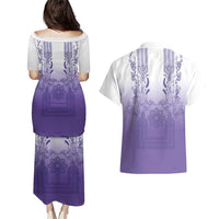 Philippines Barong Style Couples Matching Puletasi and Hawaiian Shirt with Polynesian Art and Leaf Motif Purple Color LT03 - Polynesian Pride