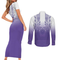 Philippines Barong Style Couples Matching Short Sleeve Bodycon Dress and Long Sleeve Button Shirt with Polynesian Art and Leaf Motif Purple Color LT03 - Polynesian Pride