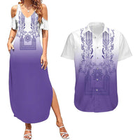 Philippines Barong Style Couples Matching Summer Maxi Dress and Hawaiian Shirt with Polynesian Art and Leaf Motif Purple Color LT03 Purple - Polynesian Pride