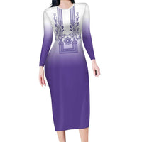 Philippines Barong Style Family Matching Long Sleeve Bodycon Dress and Hawaiian Shirt with Polynesian Art and Leaf Motif Purple Color LT03 Mom's Dress Purple - Polynesian Pride
