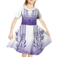 Philippines Barong Style Kid Short Sleeve Dress with Polynesian Art and Leaf Motif Purple Color LT03 - Polynesian Pride