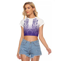 Philippines Barong Style Raglan Cropped T Shirt with Polynesian Art and Leaf Motif Purple Color