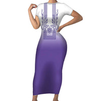 Philippines Barong Style Short Sleeve Bodycon Dress with Polynesian Art and Leaf Motif Purple Color LT03 Long Dress Purple - Polynesian Pride