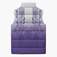 Philippines Barong Style Sleeveless Puffer Jacket with Polynesian Art and Leaf Motif Purple Color