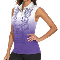 Philippines Barong Style Women Sleeveless Polo Shirt with Polynesian Art and Leaf Motif Purple Color LT03 - Polynesian Pride