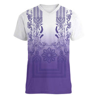 Philippines Barong Style Women V-Neck T-Shirt with Polynesian Art and Leaf Motif Purple Color LT03 Female Purple - Polynesian Pride