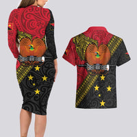 Papua New Guinea Goroka Show Couples Matching Long Sleeve Bodycon Dress and Hawaiian Shirt Bird-of-paradise and Melanesian Tattoo Pattern LT03 - Polynesian Pride