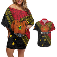 Papua New Guinea Goroka Show Couples Matching Off Shoulder Short Dress and Hawaiian Shirt Bird-of-paradise and Melanesian Tattoo Pattern LT03 Red - Polynesian Pride