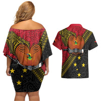 Papua New Guinea Goroka Show Couples Matching Off Shoulder Short Dress and Hawaiian Shirt Bird-of-paradise and Melanesian Tattoo Pattern LT03 - Polynesian Pride