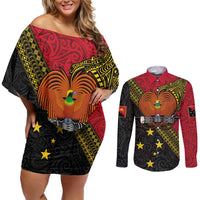Papua New Guinea Goroka Show Couples Matching Off Shoulder Short Dress and Long Sleeve Button Shirt Bird-of-paradise and Melanesian Tattoo Pattern LT03 Red - Polynesian Pride