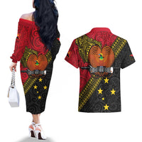 Papua New Guinea Goroka Show Couples Matching Off The Shoulder Long Sleeve Dress and Hawaiian Shirt Bird-of-paradise and Melanesian Tattoo Pattern LT03 - Polynesian Pride