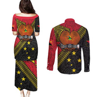 Papua New Guinea Goroka Show Couples Matching Puletasi and Long Sleeve Button Shirt Bird-of-paradise and Melanesian Tattoo Pattern LT03 - Polynesian Pride