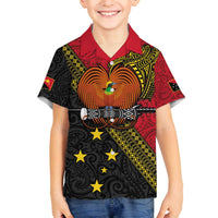 Papua New Guinea Goroka Show Family Matching Off The Shoulder Long Sleeve Dress and Hawaiian Shirt Bird-of-paradise and Melanesian Tattoo Pattern LT03 Son's Shirt Red - Polynesian Pride