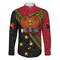 Papua New Guinea Goroka Show Family Matching Off Shoulder Short Dress and Hawaiian Shirt Bird-of-paradise and Melanesian Tattoo Pattern LT03 Dad's Shirt - Long Sleeve Red - Polynesian Pride