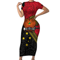 Papua New Guinea Goroka Show Family Matching Short Sleeve Bodycon Dress and Hawaiian Shirt Bird-of-paradise and Melanesian Tattoo Pattern LT03 Mom's Dress Red - Polynesian Pride