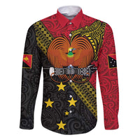 Papua New Guinea Goroka Show Family Matching Tank Maxi Dress and Hawaiian Shirt Bird-of-paradise and Melanesian Tattoo Pattern LT03 Dad's Shirt - Long Sleeve Red - Polynesian Pride