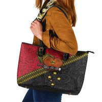 Papua New Guinea Goroka Show Leather Tote Bag Bird-of-paradise and Melanesian Tattoo Pattern LT03 Red - Polynesian Pride