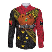 Papua New Guinea Goroka Show Long Sleeve Button Shirt Bird-of-paradise and Melanesian Tattoo Pattern LT03 Unisex Red - Polynesian Pride