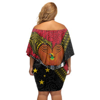 Papua New Guinea Goroka Show Off Shoulder Short Dress Bird-of-paradise and Melanesian Tattoo Pattern LT03 - Polynesian Pride