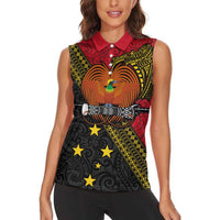 Papua New Guinea Goroka Show Women Sleeveless Polo Shirt Bird-of-paradise and Melanesian Tattoo Pattern LT03 - Polynesian Pride