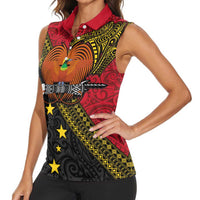 Papua New Guinea Goroka Show Women Sleeveless Polo Shirt Bird-of-paradise and Melanesian Tattoo Pattern LT03 - Polynesian Pride