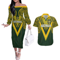 Australia Rugby Custom Couples Matching Off The Shoulder Long Sleeve Dress and Hawaiian Shirt Aboriginal Art Sporty Style LT03 Green - Polynesian Pride