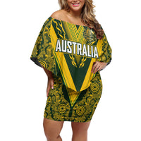 Australia Rugby Custom Family Matching Off Shoulder Short Dress and Hawaiian Shirt Aboriginal Art Sporty Style LT03 Mom's Dress Green - Polynesian Pride
