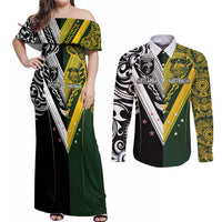 Aotearoa Australia Rugby Custom Couples Matching Off Shoulder Maxi Dress and Long Sleeve Button Shirt Maori and Aboriginal Art Sporty Style LT03 Green - Polynesian Pride