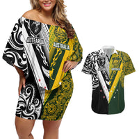 Aotearoa Australia Rugby Custom Couples Matching Off Shoulder Short Dress and Hawaiian Shirt Maori and Aboriginal Art Sporty Style LT03 Green - Polynesian Pride