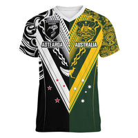 Aotearoa Australia Rugby Custom Women V-Neck T-Shirt Maori and Aboriginal Art Sporty Style LT03 Female Green - Polynesian Pride