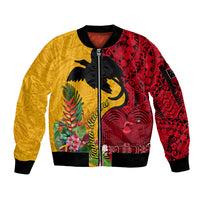 Custom Papua New Guinea Sleeve Zip Bomber Jacket Birds Of Paradise Mix Tropical Flower Polynesian Pattern LT03 Unisex Yellow - Polynesian Pride
