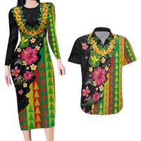Hawaiian Independence Day Couples Matching Long Sleeve Bodycon Dress and Hawaiian Shirt Kanaka Maoli Symbols With Tapa Motifs and Tropical Plants LT03 Black - Polynesian Pride