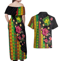 Hawaiian Independence Day Couples Matching Off Shoulder Maxi Dress and Hawaiian Shirt Kanaka Maoli Symbols With Tapa Motifs and Tropical Plants LT03 - Polynesian Pride