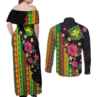Hawaiian Independence Day Couples Matching Off Shoulder Maxi Dress and Long Sleeve Button Shirt Kanaka Maoli Symbols With Tapa Motifs and Tropical Plants LT03 - Polynesian Pride