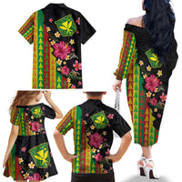 Hawaiian Independence Day Family Matching Off The Shoulder Long Sleeve Dress and Hawaiian Shirt Kanaka Maoli Symbols With Tapa Motifs and Tropical Plants LT03 - Polynesian Pride