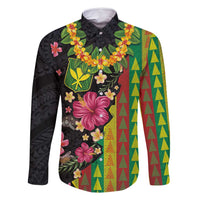 Hawaiian Independence Day Family Matching Off Shoulder Short Dress and Hawaiian Shirt Kanaka Maoli Symbols With Tapa Motifs and Tropical Plants LT03 Dad's Shirt - Long Sleeve Black - Polynesian Pride