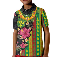 Hawaiian Independence Day Kid Polo Shirt Kanaka Maoli Symbols With Tapa Motifs and Tropical Plants LT03 Kid Black - Polynesian Pride
