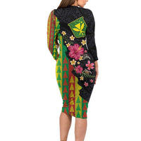 Hawaiian Independence Day Long Sleeve Bodycon Dress Kanaka Maoli Symbols With Tapa Motifs and Tropical Plants LT03 - Polynesian Pride