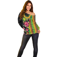 Hawaiian Independence Day Off Shoulder Sweater Kanaka Maoli Symbols With Tapa Motifs and Tropical Plants LT03 - Polynesian Pride