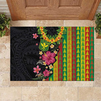 Hawaiian Independence Day Rubber Doormat Kanaka Maoli Symbols With Tapa Motifs and Tropical Plants LT03 Black - Polynesian Pride