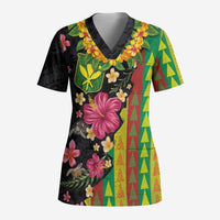 Hawaiian Independence Day Scrub Top Kanaka Maoli Symbols With Tapa Motifs and Tropical Plants LT03 Adult Black - Polynesian Pride