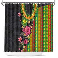 Hawaiian Independence Day Shower Curtain Kanaka Maoli Symbols With Tapa Motifs and Tropical Plants LT03 Black - Polynesian Pride