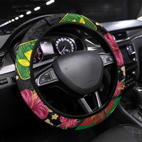 Hawaiian Independence Day Steering Wheel Cover Kanaka Maoli Symbols With Tapa Motifs and Tropical Plants LT03 Universal Fit Black - Polynesian Pride