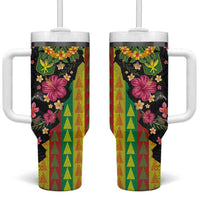 Hawaiian Independence Day Tumbler With Handle Kanaka Maoli Symbols With Tapa Motifs and Tropical Plants LT03 One Size: 40 oz Black - Polynesian Pride