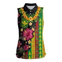 Hawaiian Independence Day Women Sleeveless Polo Shirt Kanaka Maoli Symbols With Tapa Motifs and Tropical Plants LT03 Female Black - Polynesian Pride