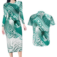 Personalised New Zealand Aotearoa Darts Masters Couples Matching Long Sleeve Bodycon Dress and Hawaiian Shirt Maori Art Tattoo with Tribal Dart Symbol Teal Color LT03 Teal - Polynesian Pride