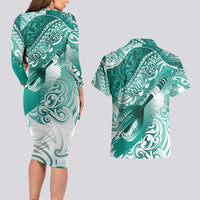 Personalised New Zealand Aotearoa Darts Masters Couples Matching Long Sleeve Bodycon Dress and Hawaiian Shirt Maori Art Tattoo with Tribal Dart Symbol Teal Color LT03 - Polynesian Pride