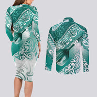 Personalised New Zealand Aotearoa Darts Masters Couples Matching Long Sleeve Bodycon Dress and Long Sleeve Button Shirt Maori Art Tattoo with Tribal Dart Symbol Teal Color LT03 - Polynesian Pride