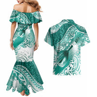 Personalised New Zealand Aotearoa Darts Masters Couples Matching Mermaid Dress and Hawaiian Shirt Maori Art Tattoo with Tribal Dart Symbol Teal Color LT03 - Polynesian Pride